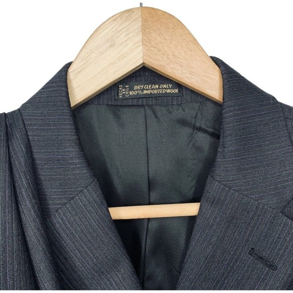 Tom James Wool 2PC Suit Mens 44L Pleated Cuff Pants 38x33 Gray Purple Stripe - Picture 2 of 16